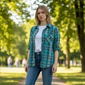 Teal Plaid Button-Down Shirt - Casual Layering Piece